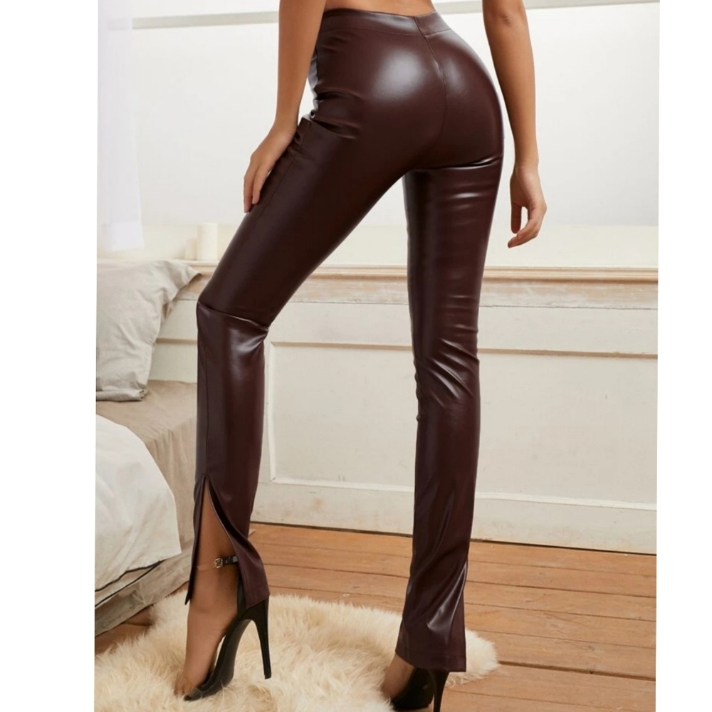 SBetro  Slit Hem Pu Leather Skinny Pants  Chocolate Brown Size Small
